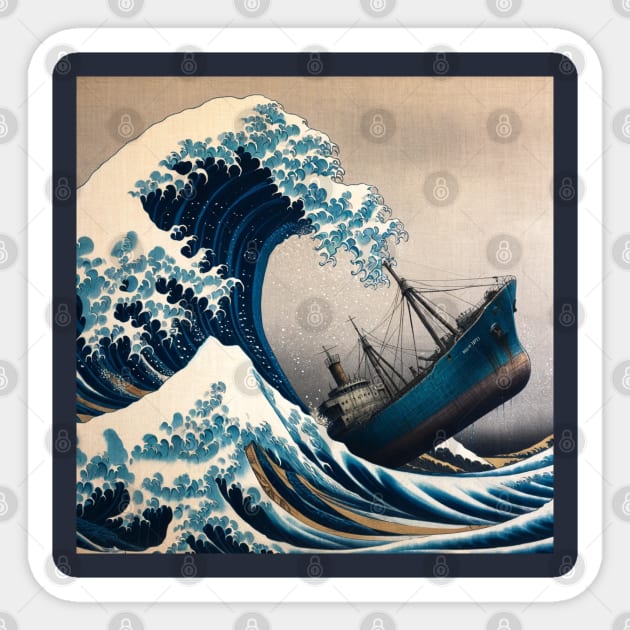 Kanagawa Wave Cargo Ship - The Great Wave Off Kanagawa Meme Sticker by Edd Paint Something